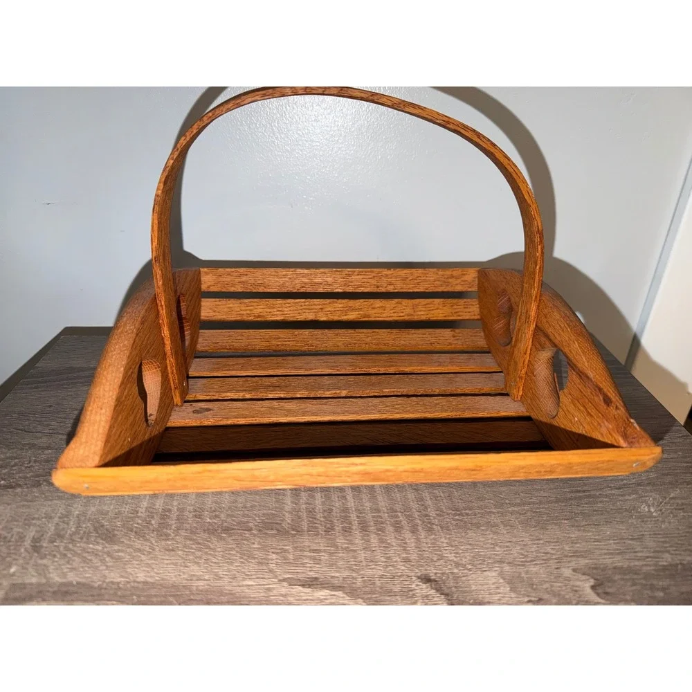Vintage Handmade Wooden Basket Heart Cutouts Rustic Slatted Trug Garden Caddy